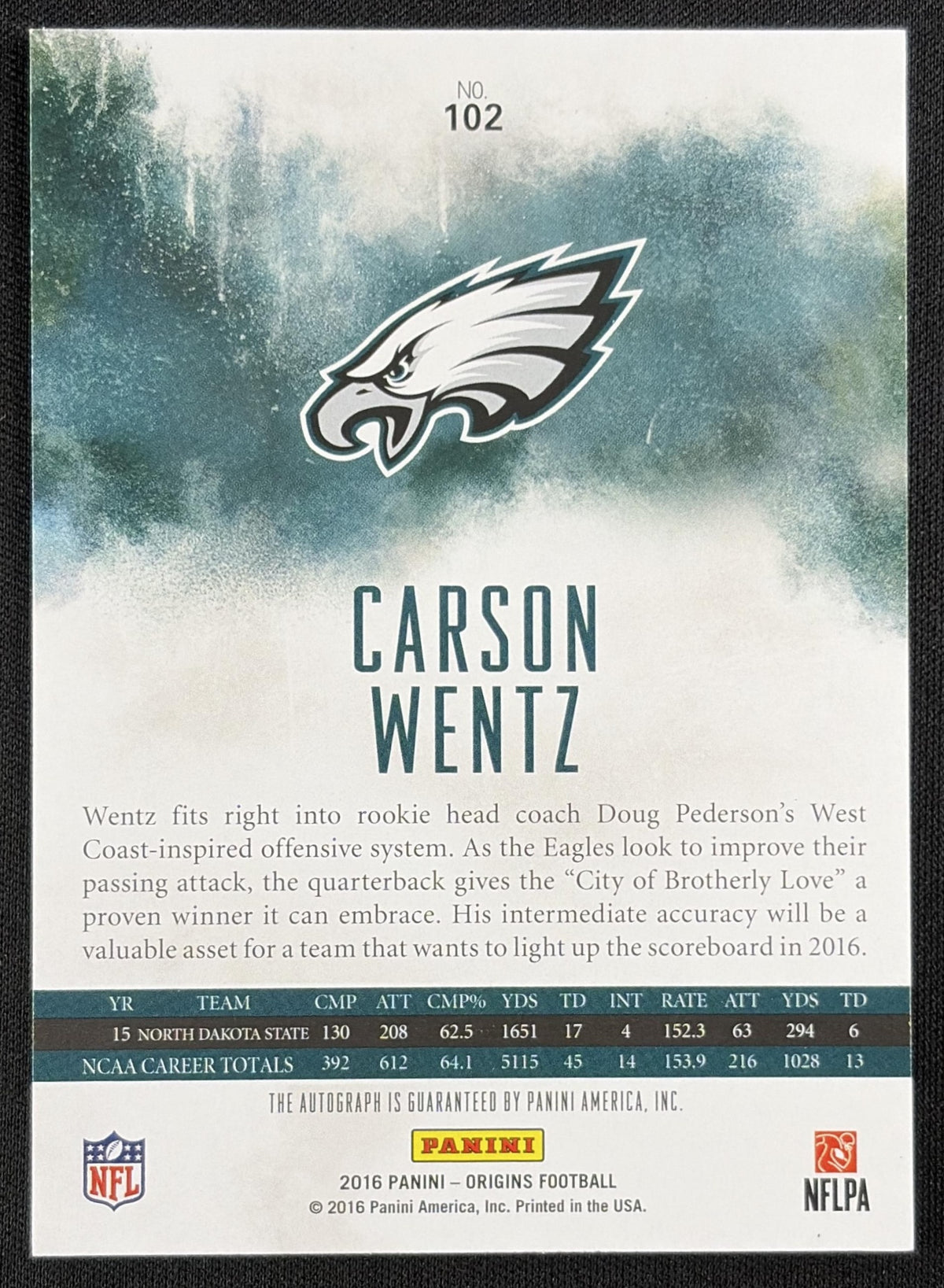 Carson Wentz 2016 Panini Origins Auto Rookie Eagles