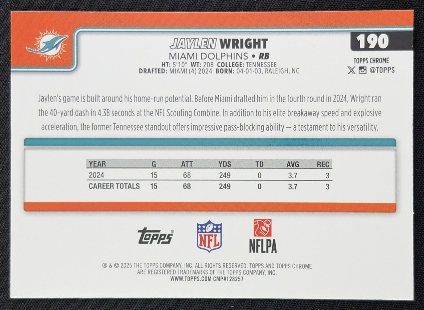 Jaylen Wright 2025 Topps Chrome Football Leather Green Refractor /99 Dolphins
