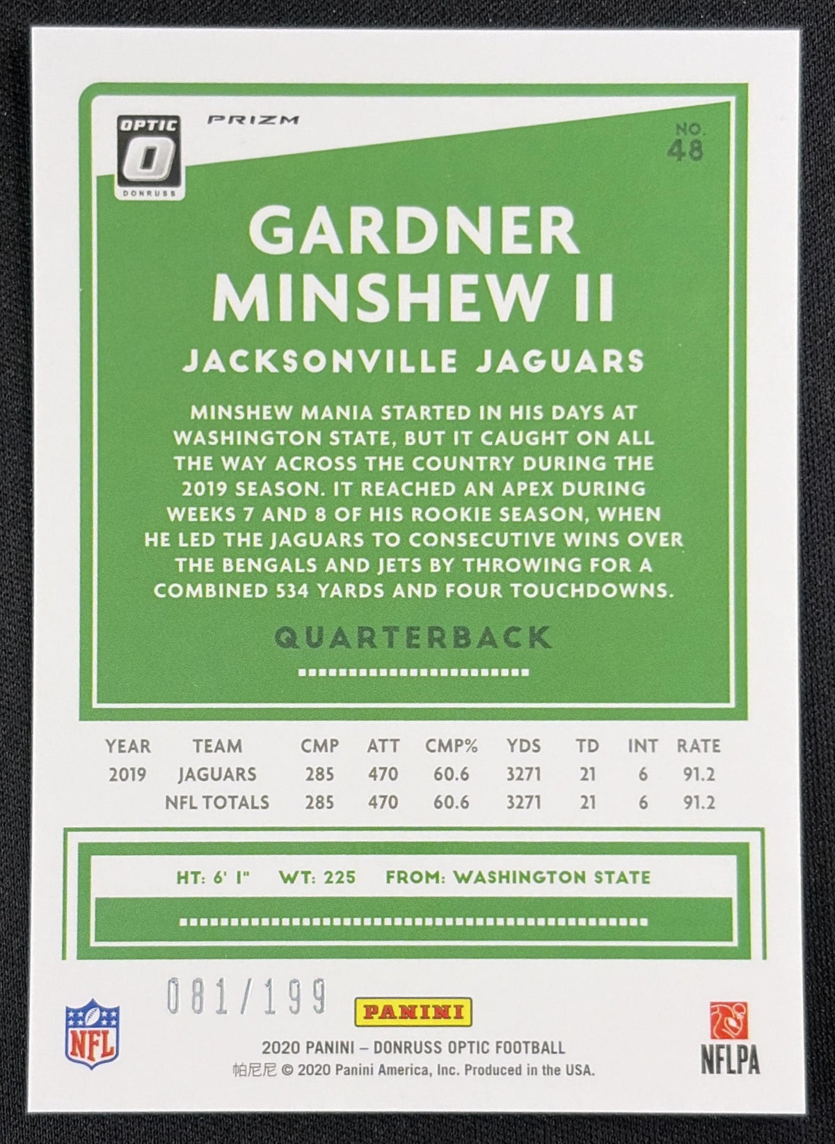 Gardner Minshew II 2020 Panini Donruss Optic Orange Prizm /199 Jaguars