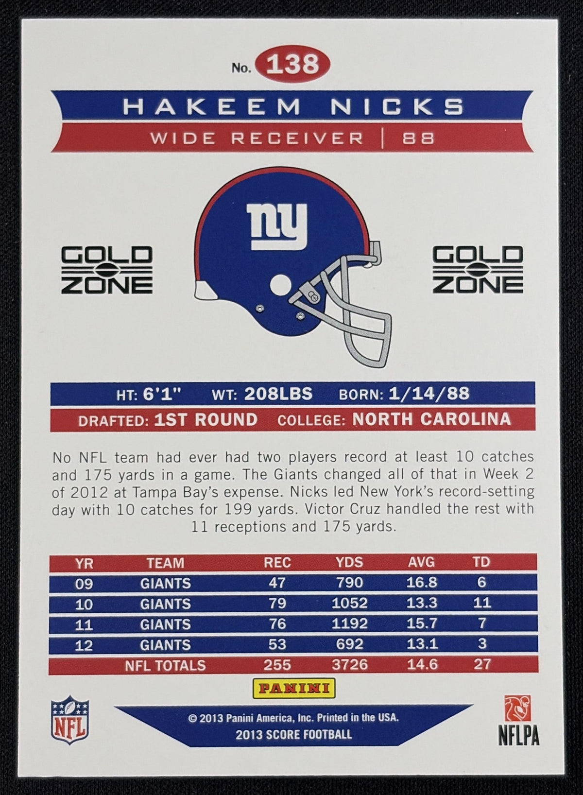 Back of Hakeem Nicks 2013 Panini Score Gold Zone /50 Giants sports trading card