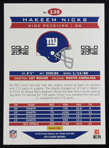 Back of Hakeem Nicks 2013 Panini Score Gold Zone /50 Giants sports trading card