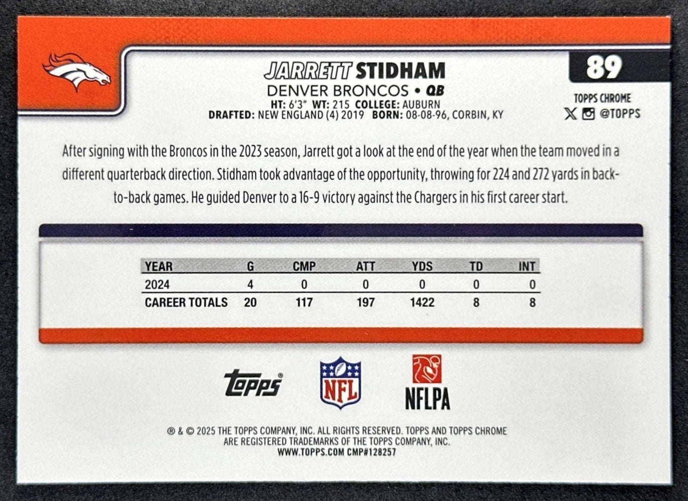 Jarrett Stidham 2025 Topps Chrome Pulsar Refractor Broncos Sports Trading Cards
