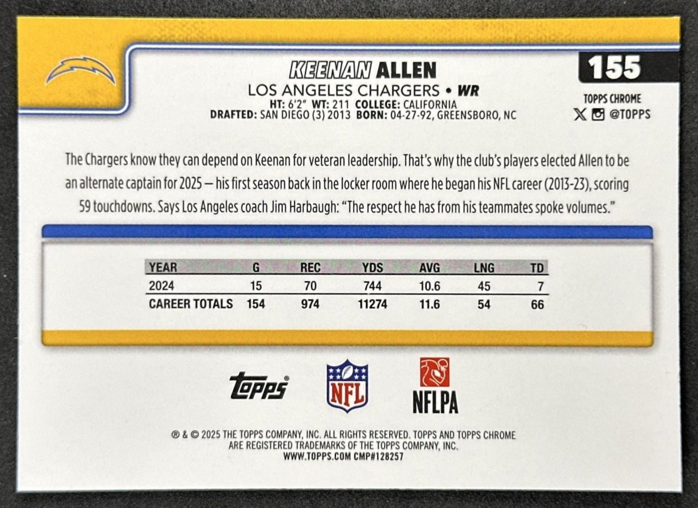 Keenan Allen 2025 Topps Chrome Sapphire Chargers