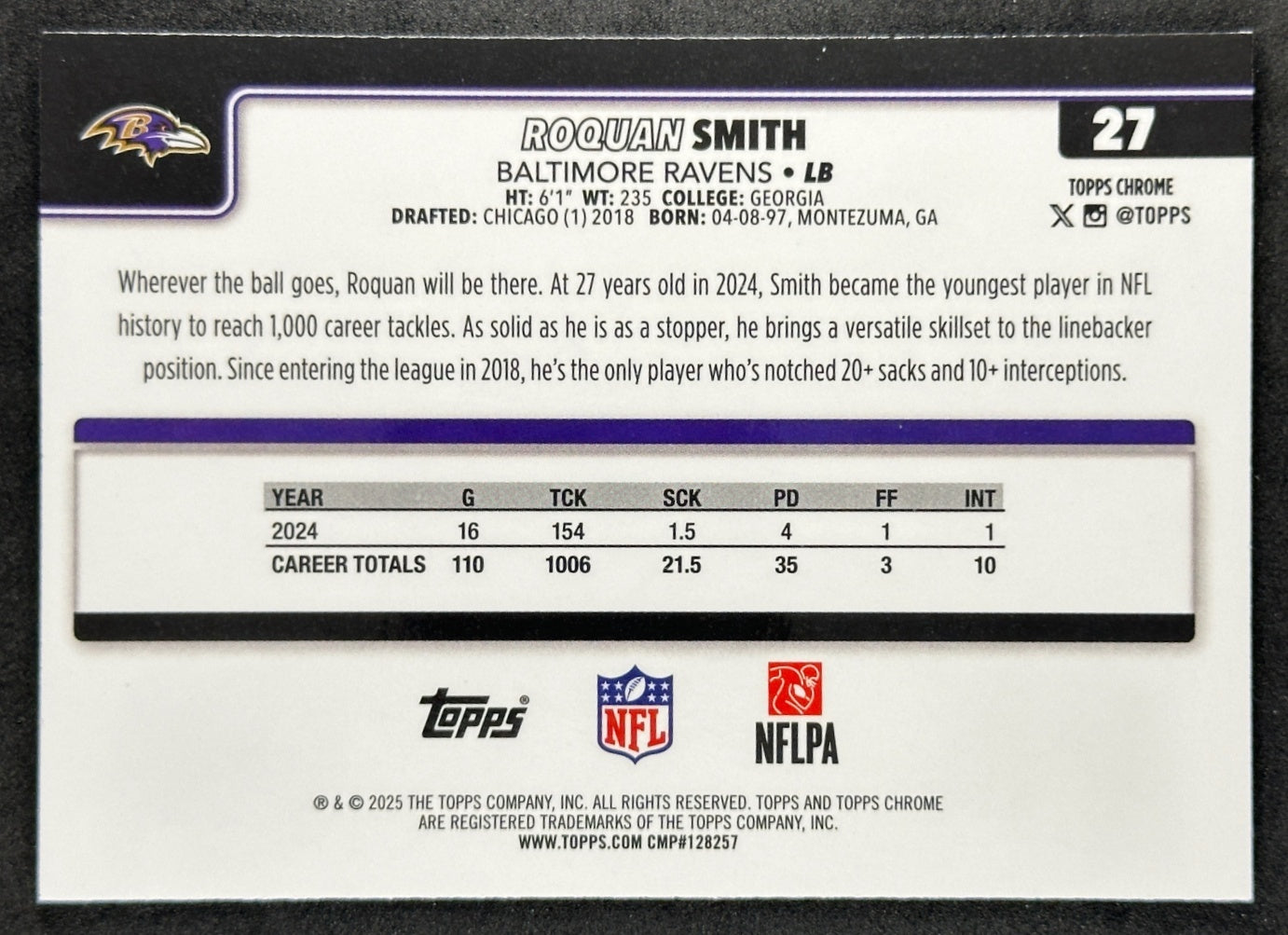 Roquan Smith 2025 Topps Chrome Pulsar Refractor Ravens Sports Trading Cards