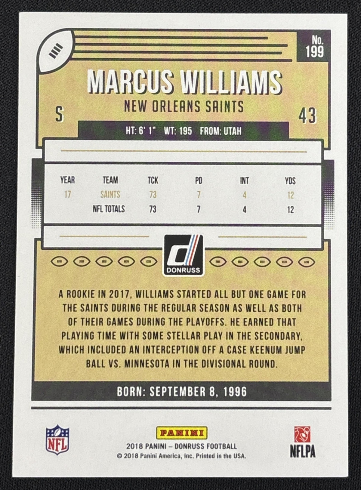 Marcus Williams 2018 Panini Donruss Jersey Number /43 Saints Sports Trading Card