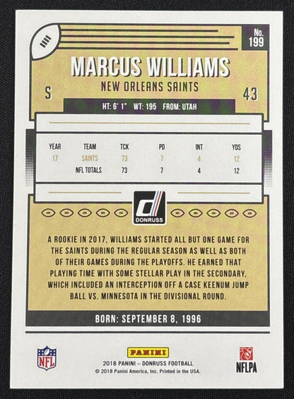 Marcus Williams 2018 Panini Donruss Jersey Number /43 Saints Sports Trading Card