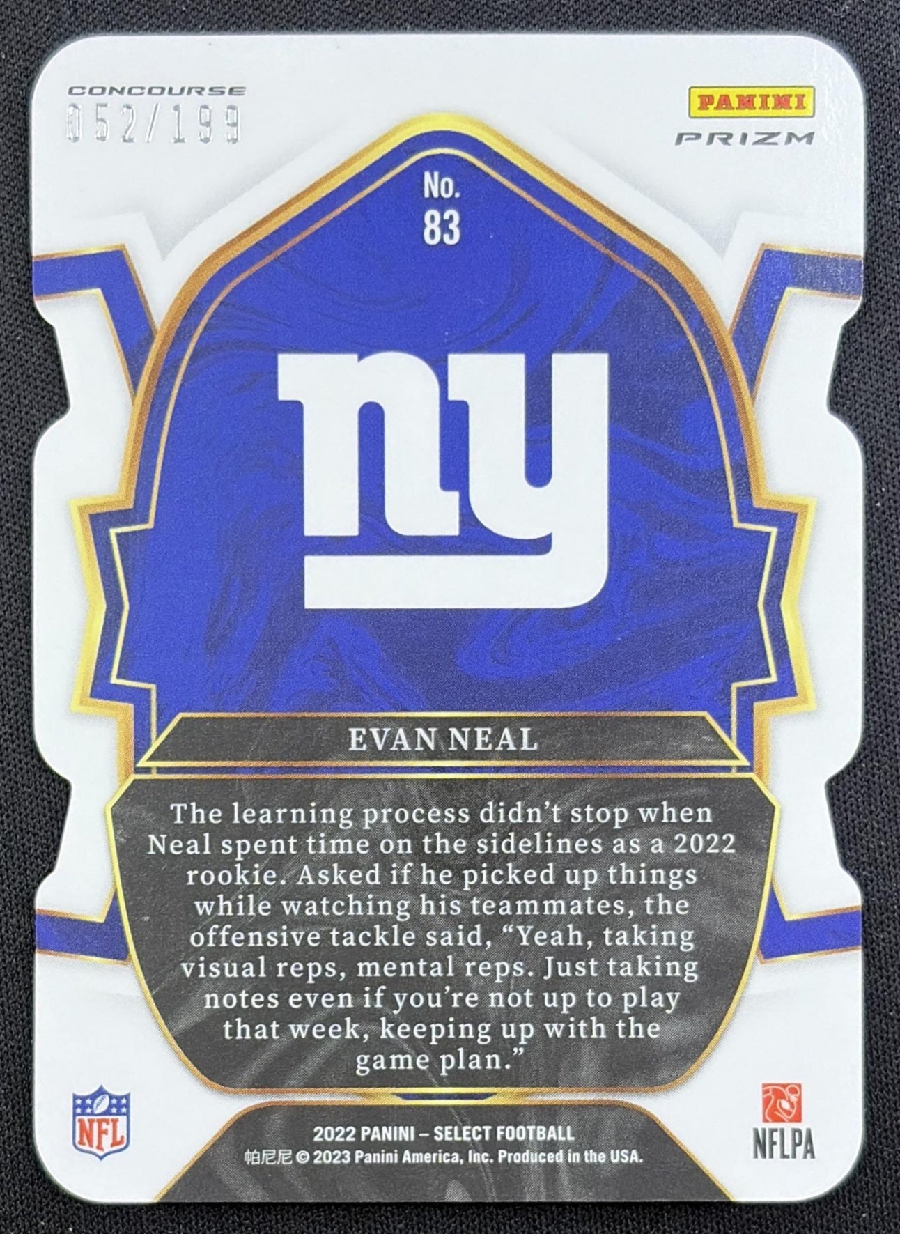 Evan Neal 2022 Panini Select Orange Prizm Die Cut /199 Giants