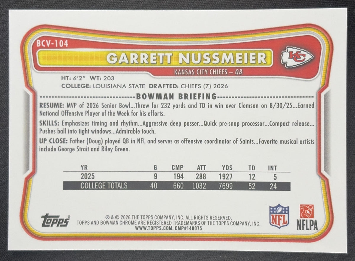 Garrett Nussmeier 2026 Bowman Chrome NFL Mojo Refractor Chiefs