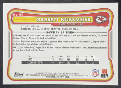 Garrett Nussmeier 2026 Bowman Chrome NFL Mojo Refractor Chiefs