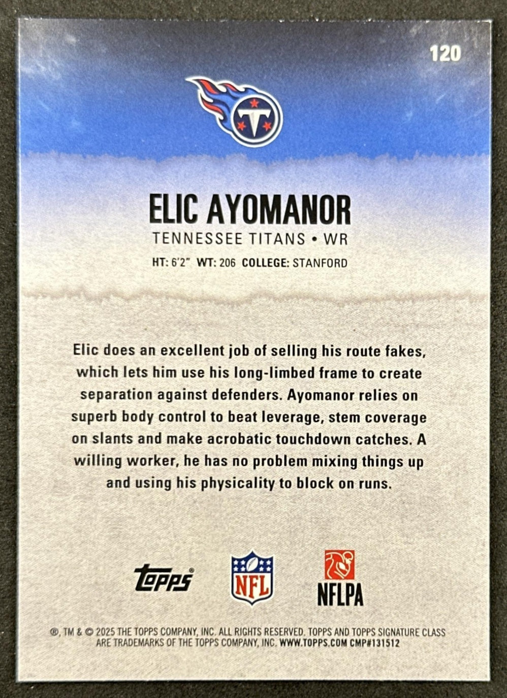 Elic Ayomanor 2025 Topps Signature Class Rookie Blue & Yellow Foil Titans back