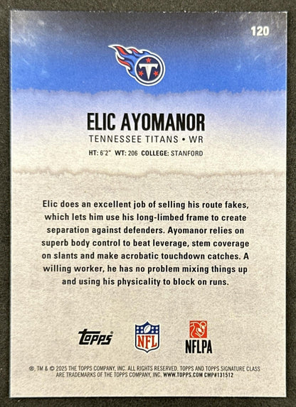 Elic Ayomanor 2025 Topps Signature Class Rookie Blue & Yellow Foil Titans back