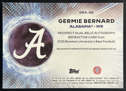 Germie Bernard 2025 Best University Prospect Dual Relic Auto Purple Lava Refractor /75 Crimson Tide back