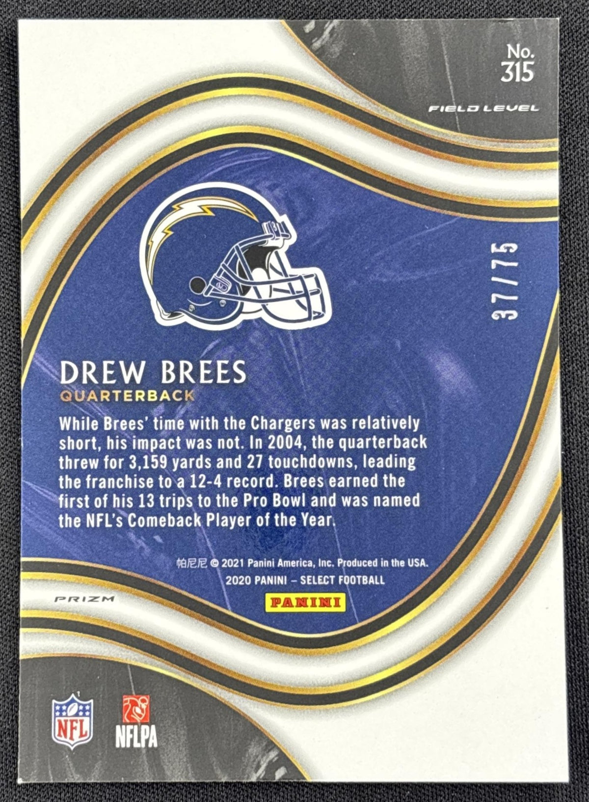 Drew Brees 2020 Panini Select Tri Color Prizm /75 Chargers