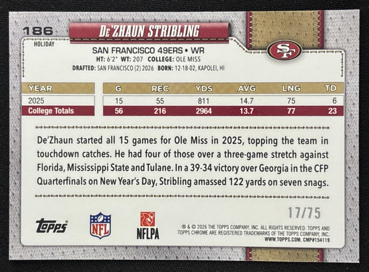 De'Zhaun Stribling 2026 Topps Holiday Chrome Purple Sparkle Refractor /75 49ers Sports Trading Card