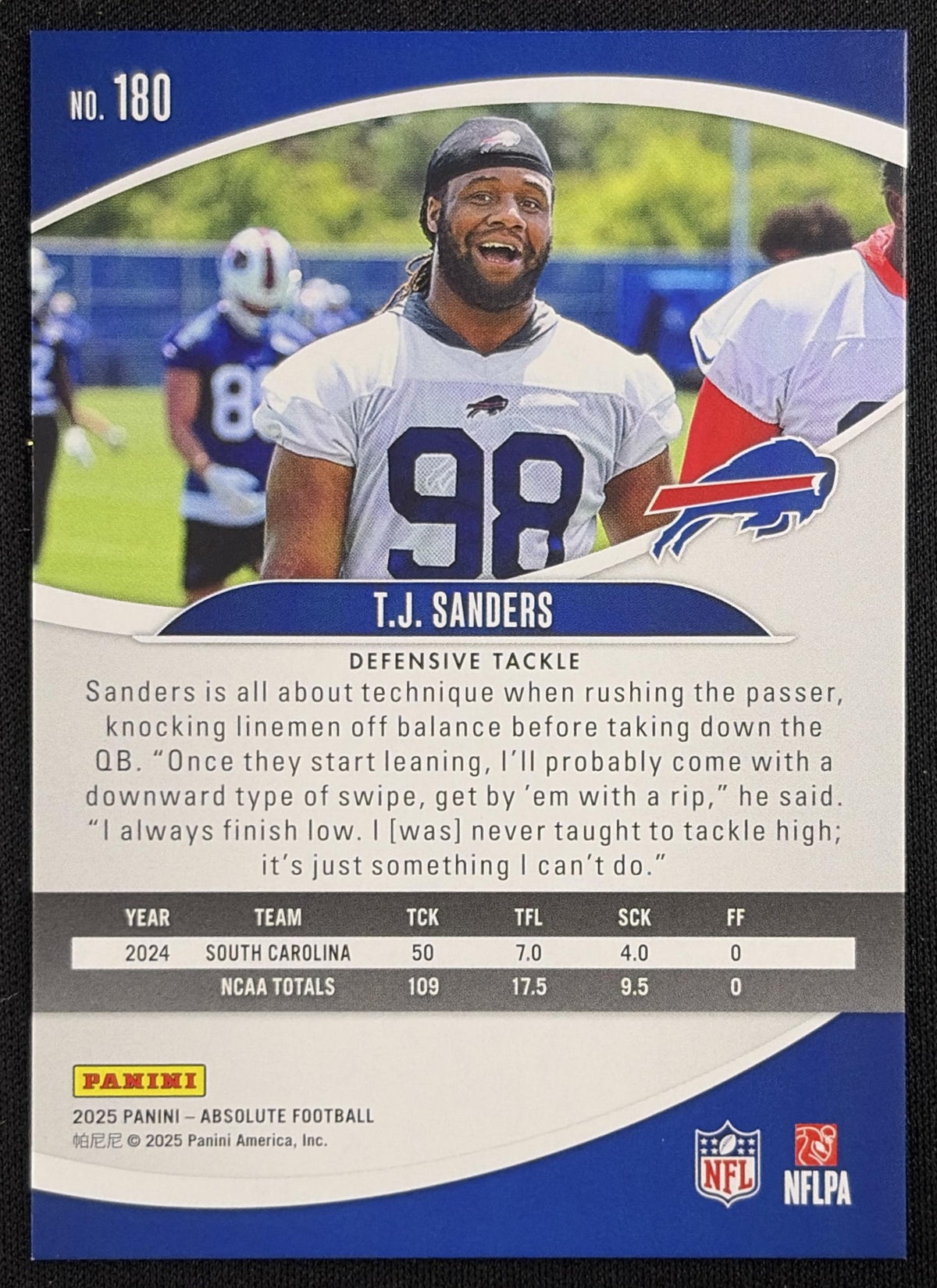 T.J. Sanders 2025 Panini Absolute Rookies Gold Stars /325 Bills