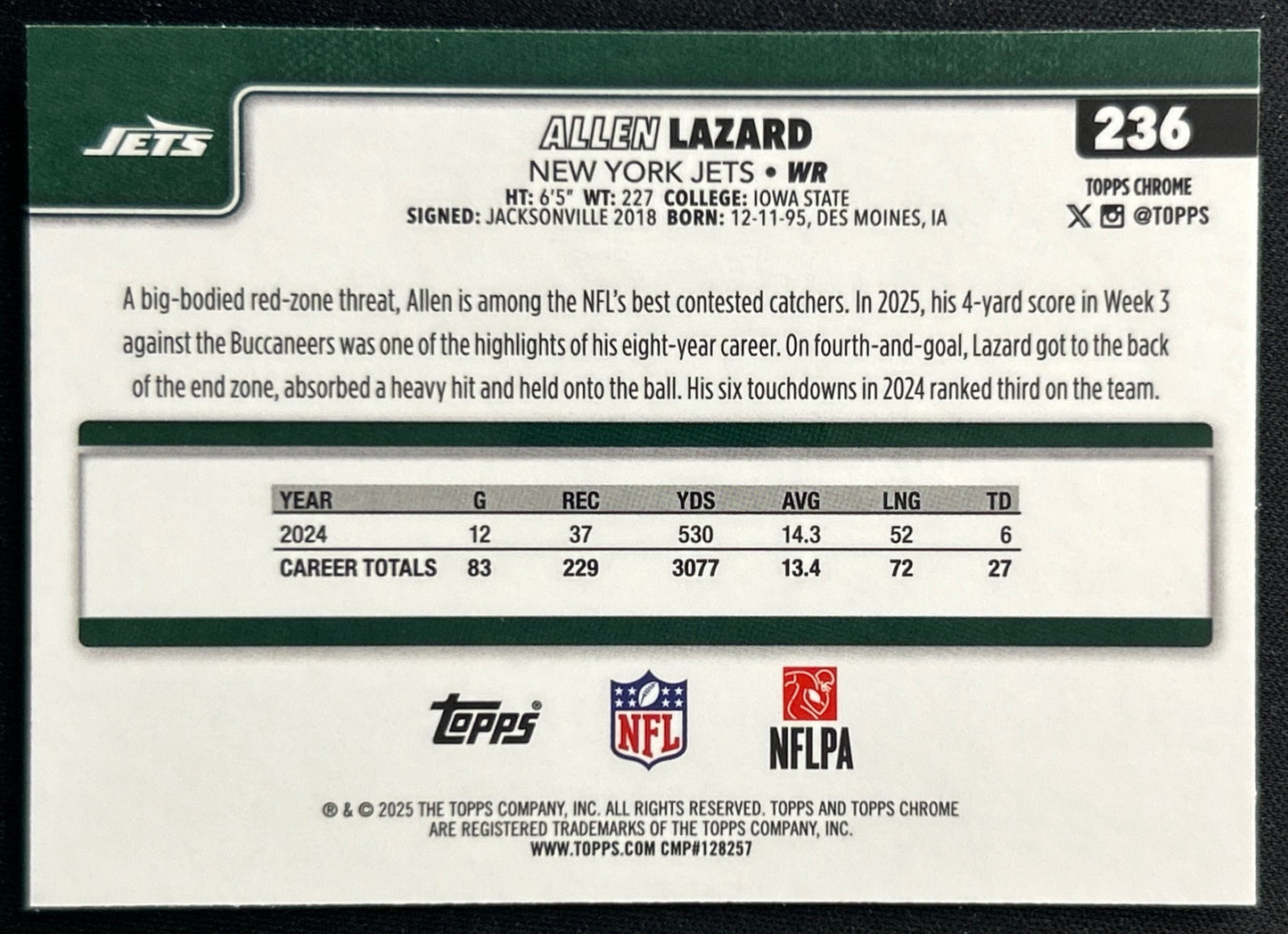 Allen Lazard 2025 Topps Chrome Jets Sports Trading Cards