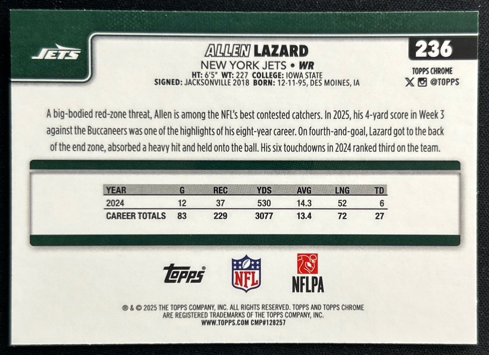 Allen Lazard 2025 Topps Chrome Jets Sports Trading Cards