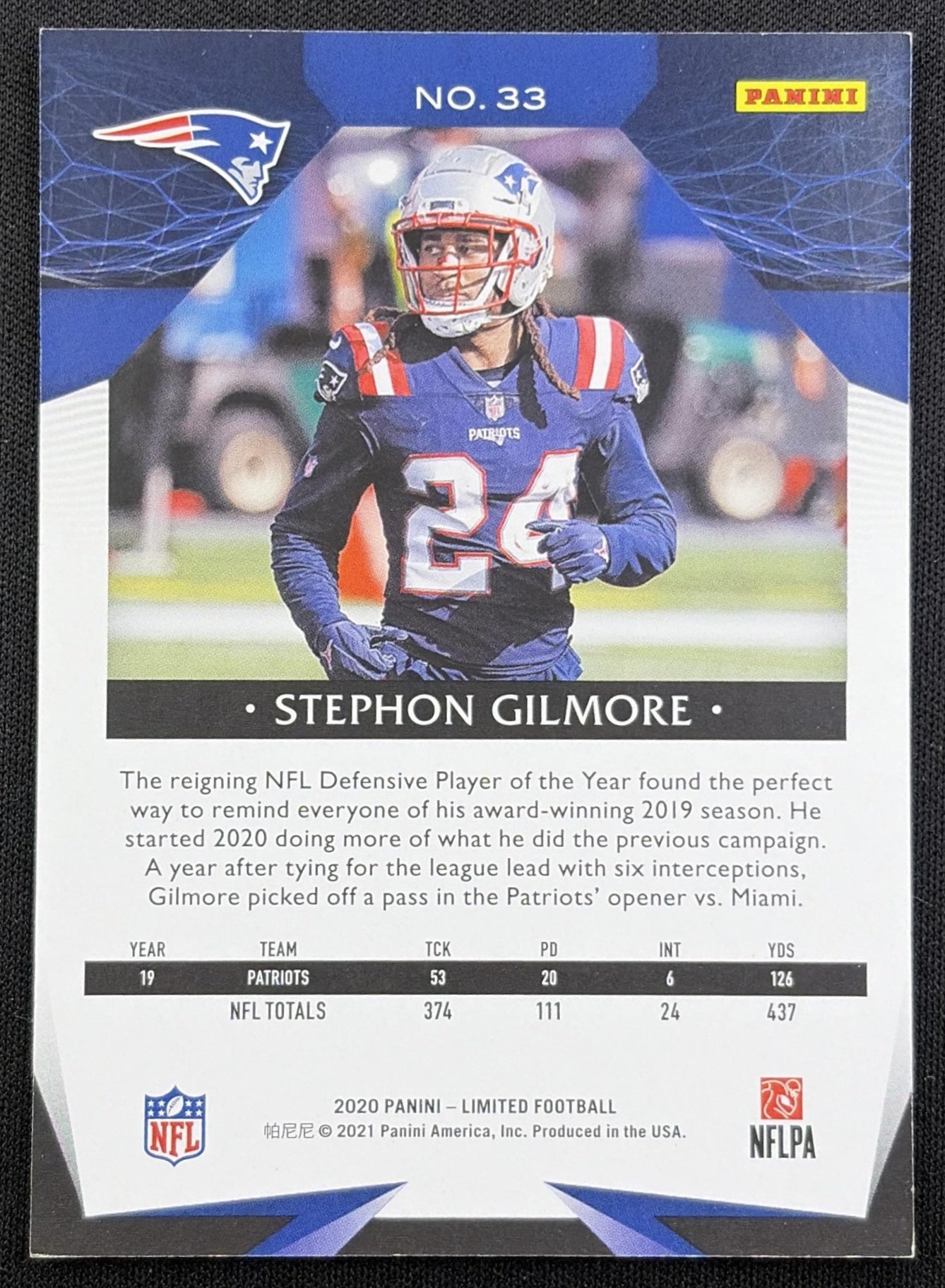 Stephon Gilmore 2020 Panini Limited Gold Spotlight /75 Patriots back