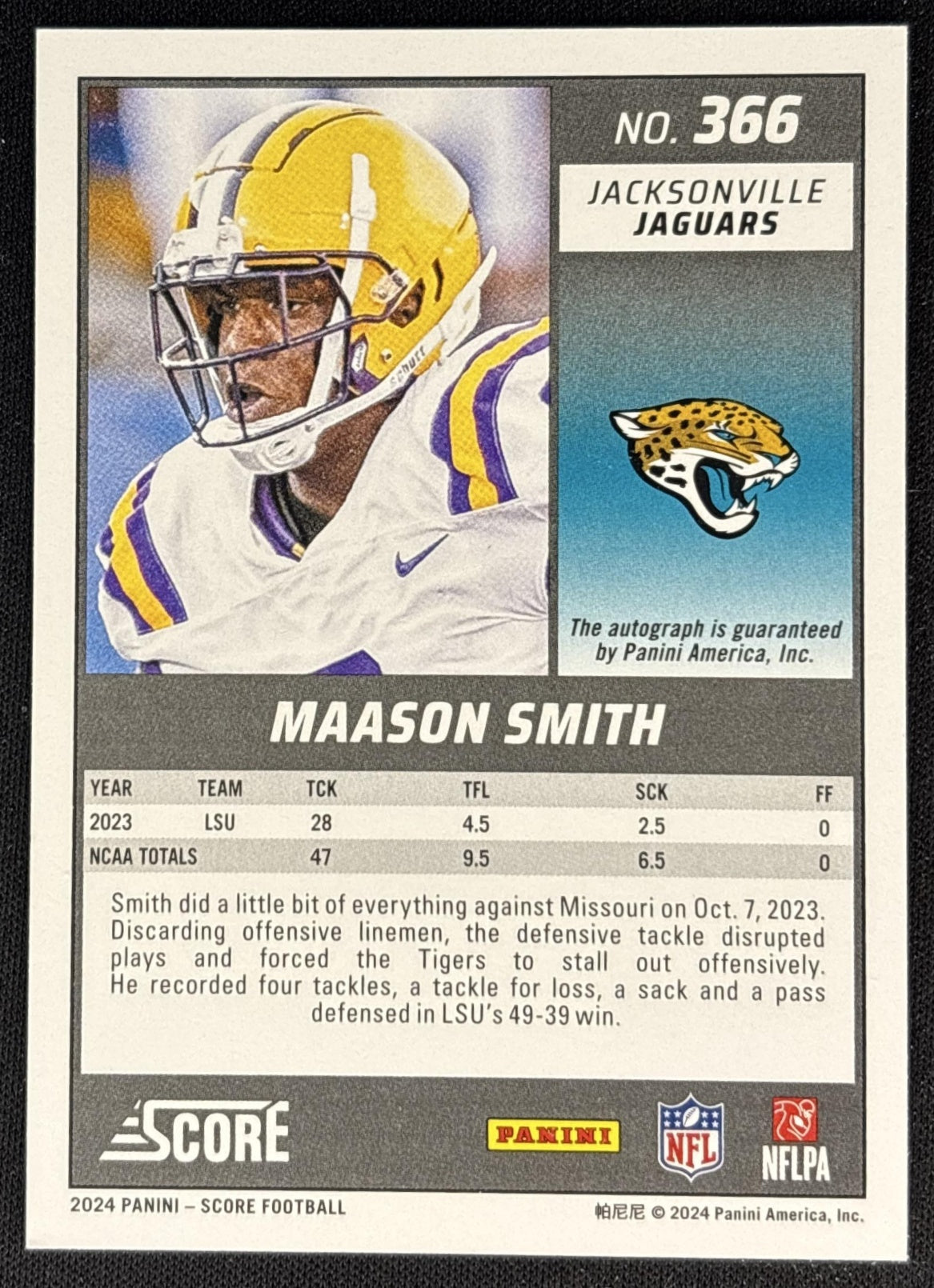 Maason Smith 2024 Panini Score Signatures Jaguars