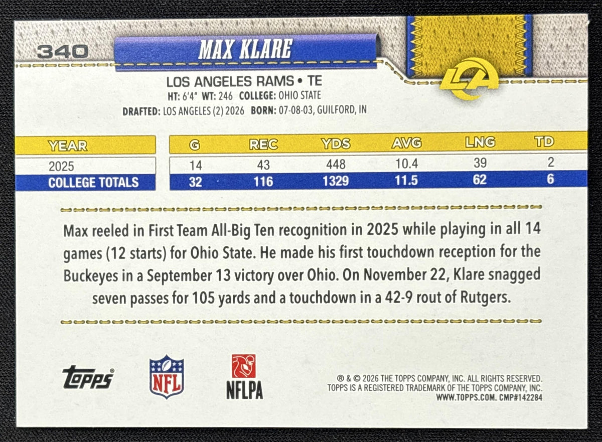 Max Klare 2026 Topps Rainbow Foil Rams Los Angeles Rams