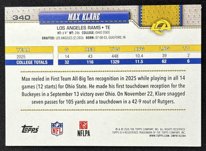 Max Klare 2026 Topps Rainbow Foil Rams Los Angeles Rams