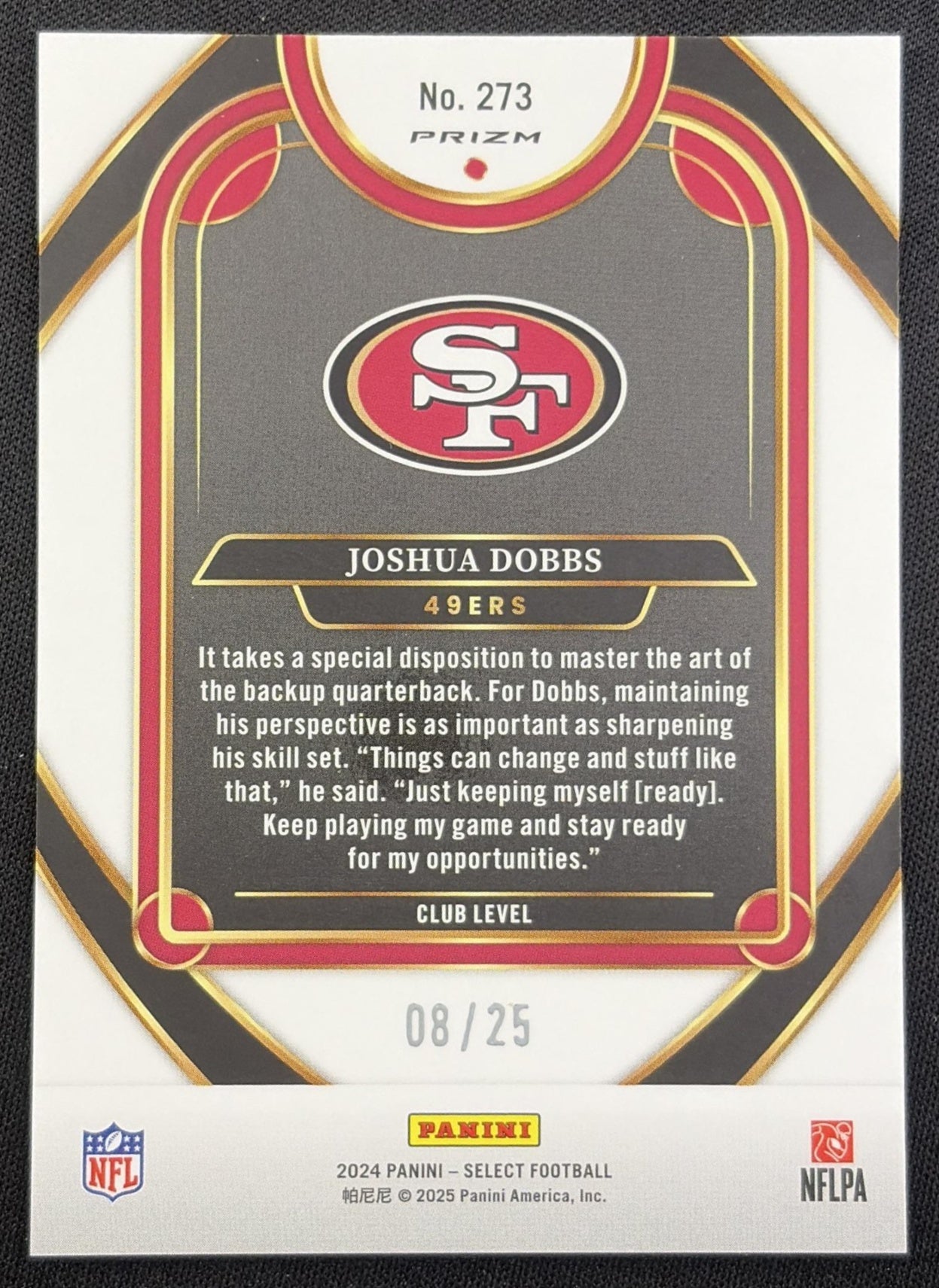 Joshua Dobbs 2024 Panini Select Club Blue Disco Prizm /25 49ers back