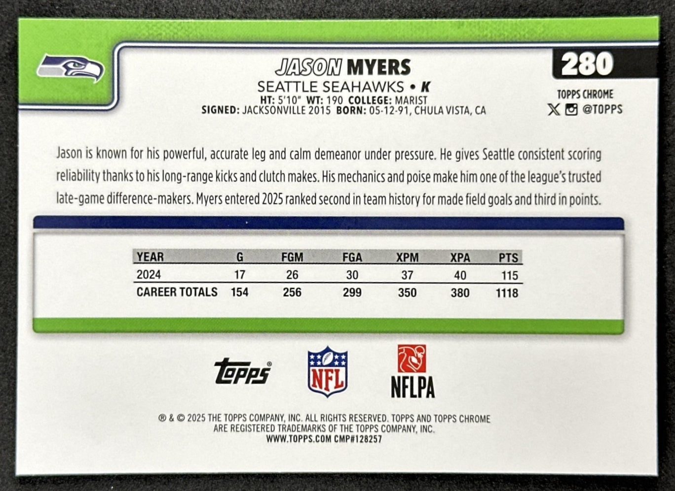Jason Myers 2025 Topps Chrome Sapphire Seahawks Sports Trading Card