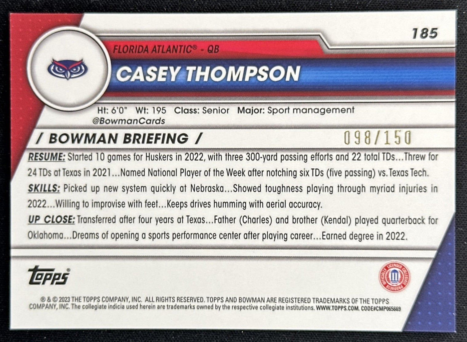 Casey Thompson 2023 Bowman University Chrome Fuschia Mini Diamond Refractor /150 back