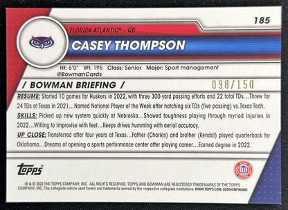 Casey Thompson 2023 Bowman University Chrome Fuschia Mini Diamond Refractor /150 back