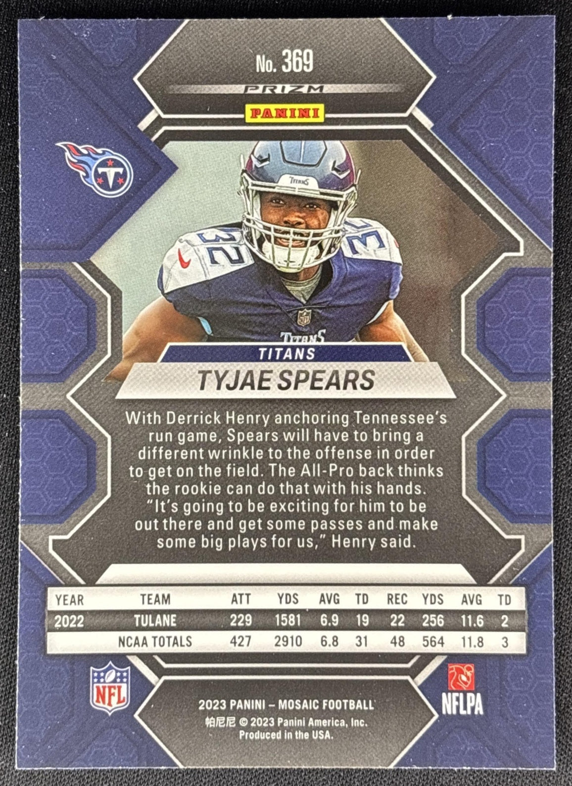 Tyjae Spears 2023 Panini Mosaic Reactive Blue Mosaic Titans Sports Trading Cards