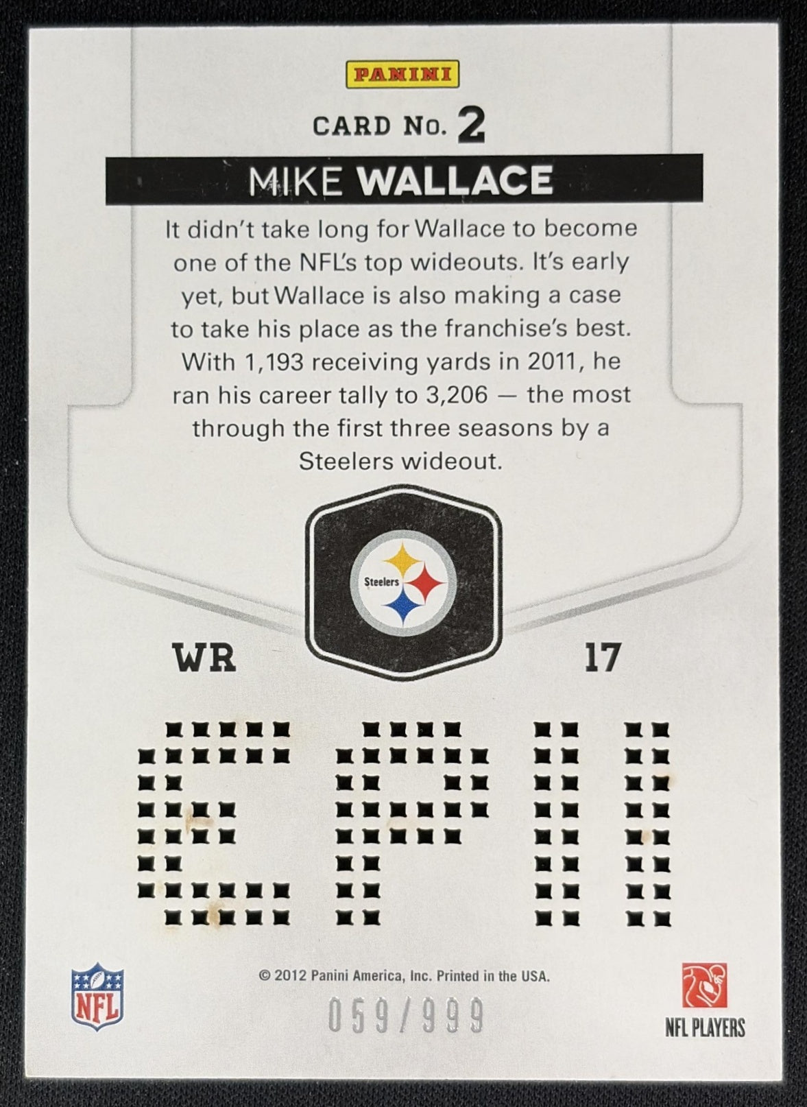 Mike Wallace 2012 Panini Elite Prime Numbers Silver /999 Steelers back