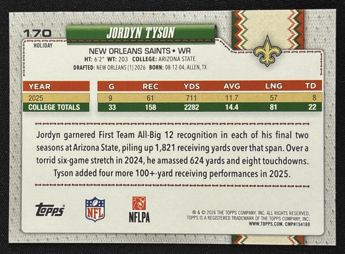 Jordyn Tyson 2026 Topps Holiday Back Variation Saints - Back