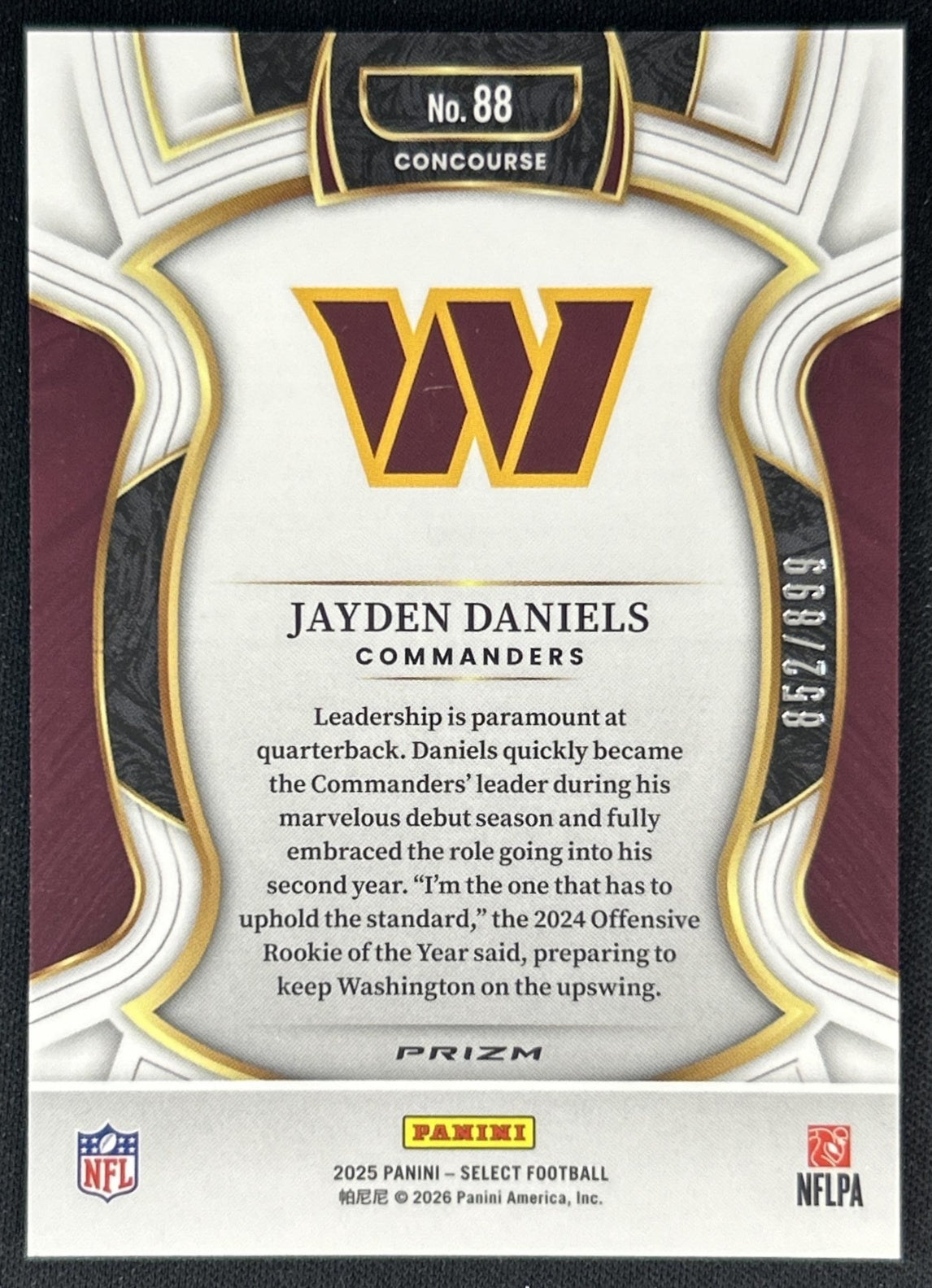 Jayden Daniels 2025 Panini Select Concourse Copper Prizm Shock /899 Commanders back