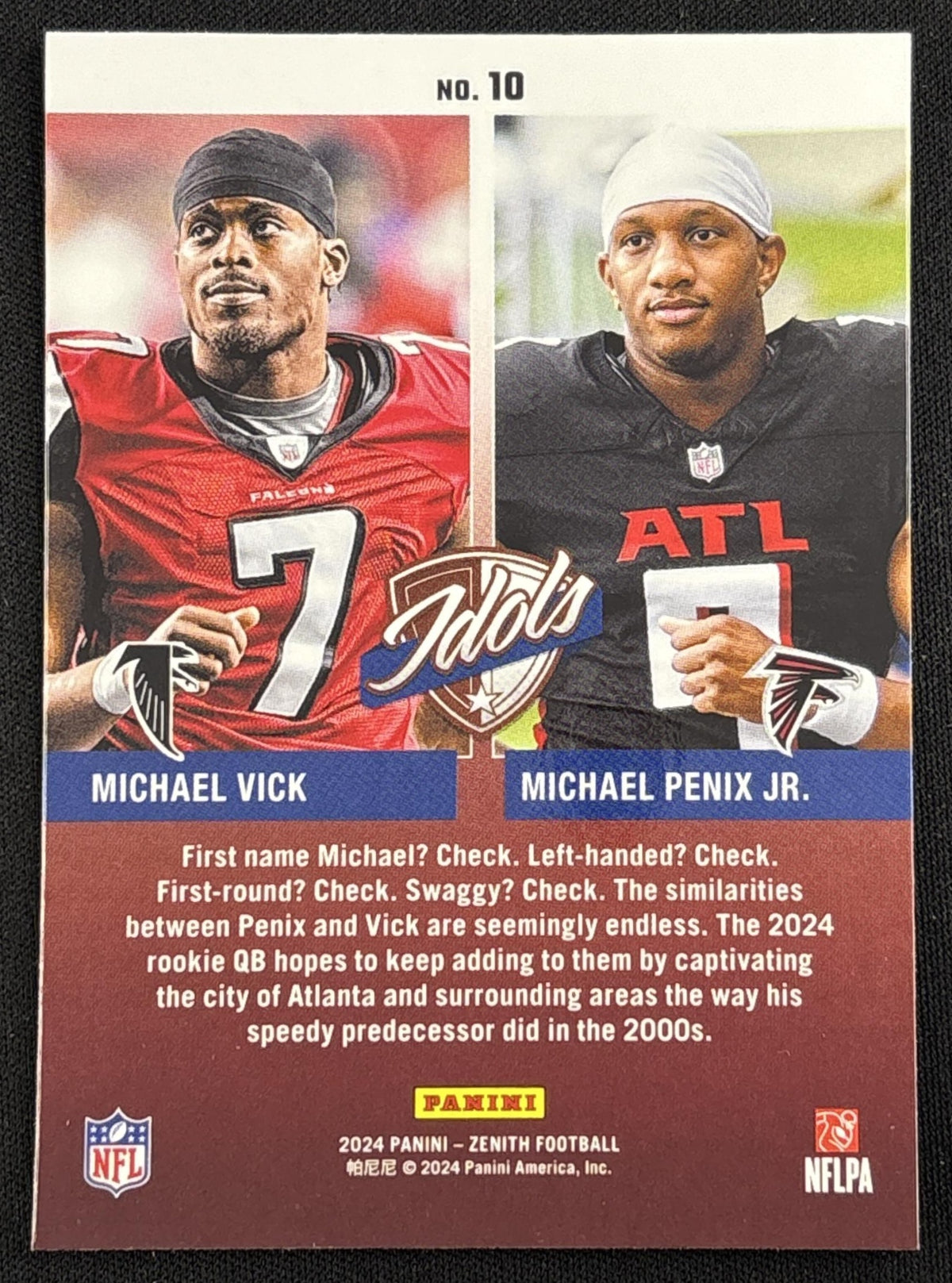 Michael Penix Jr. Michael Vick 2024 Panini Zenith Idols Falcons Sports Trading Card