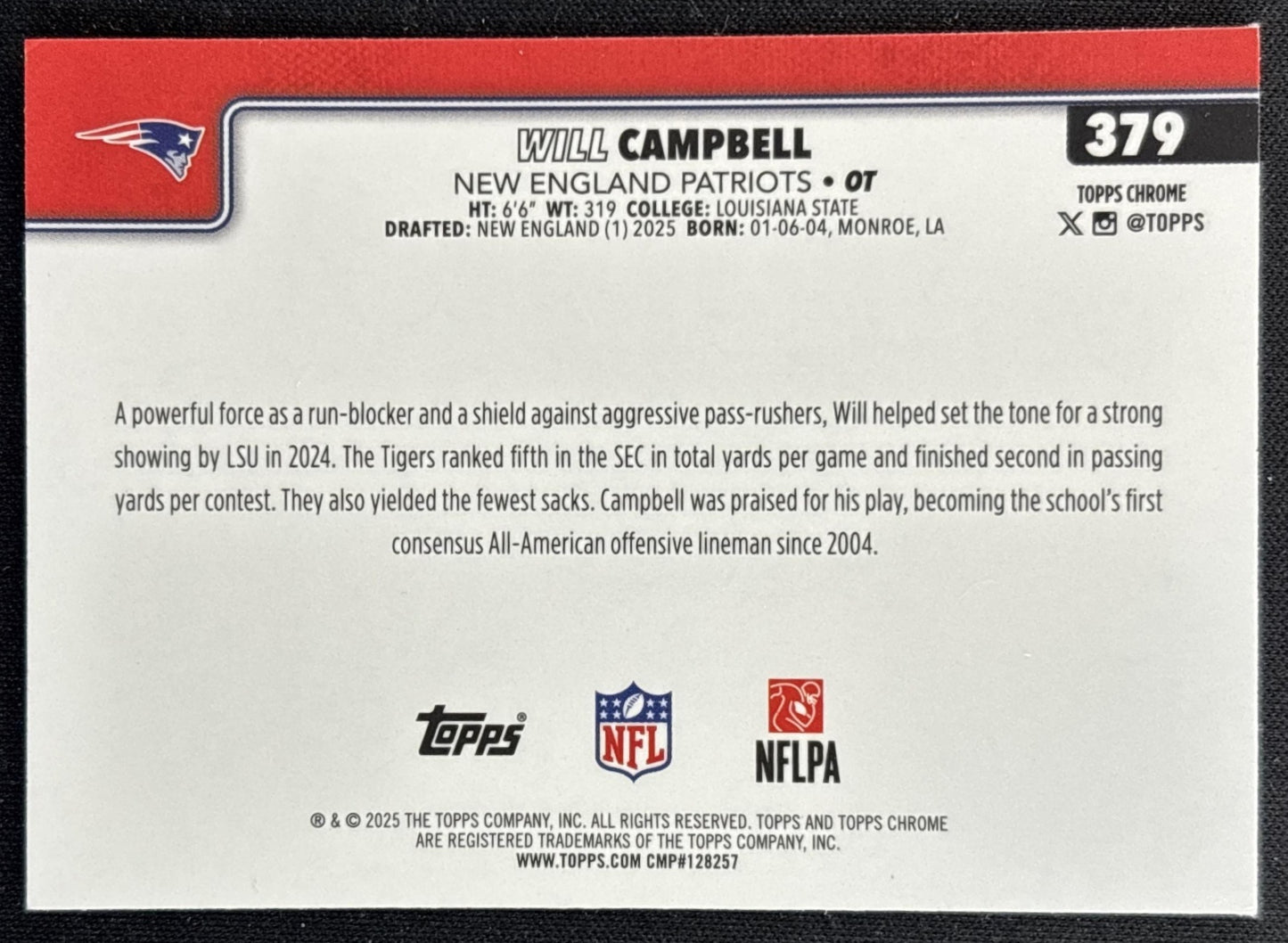 Will Campbell 2025 Topps Chrome Rookie Red/White/Blue Refractor Patriots
