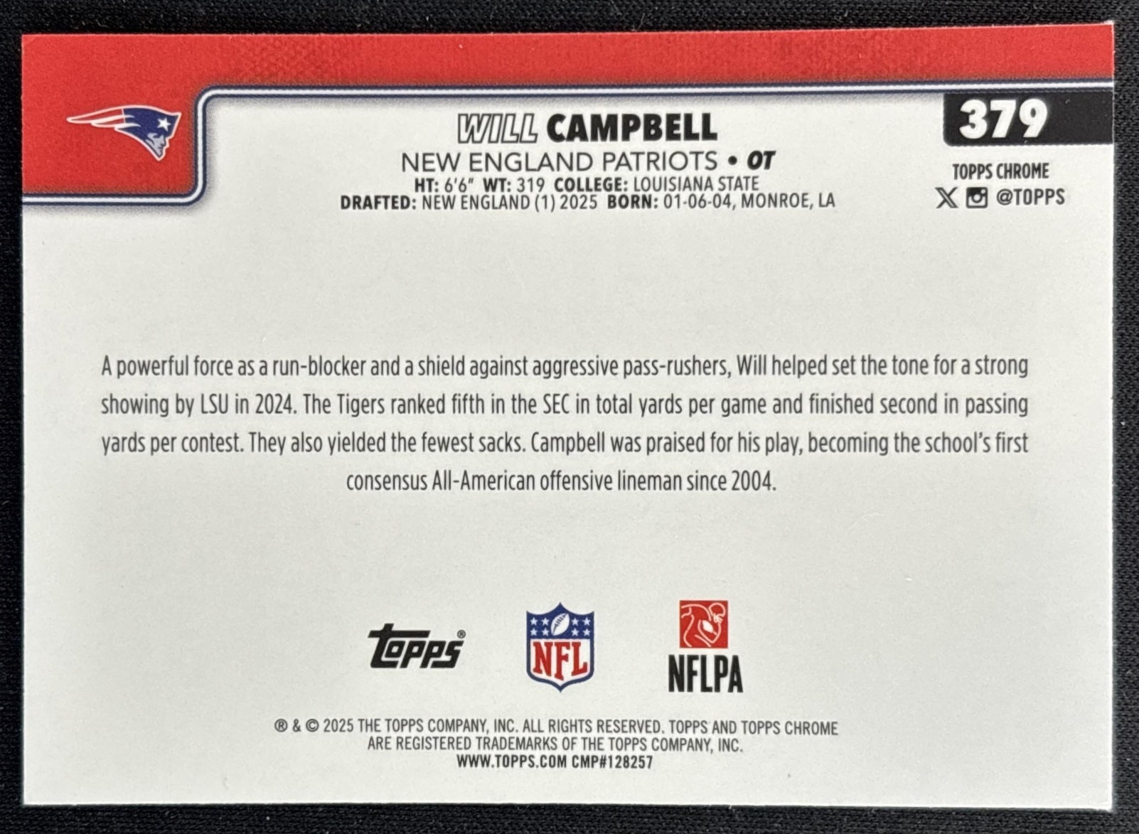 Will Campbell 2025 Topps Chrome Rookie Red/White/Blue Refractor Patriots