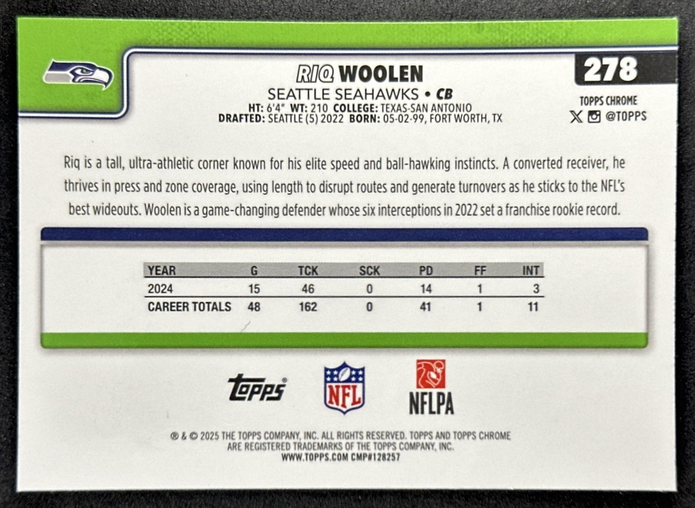 Riq Woolen 2025 Topps Chrome Pulsar Refractor Seahawks Sports Trading Cards