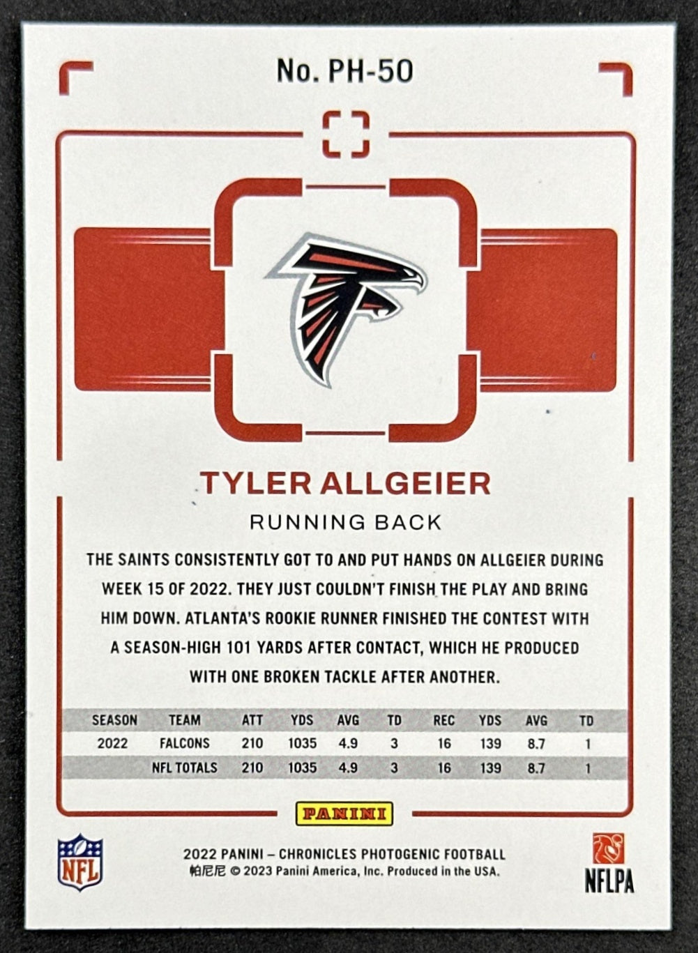 Tyler Allgeier 2022 Panini Chronicles Photogenic Falcons back