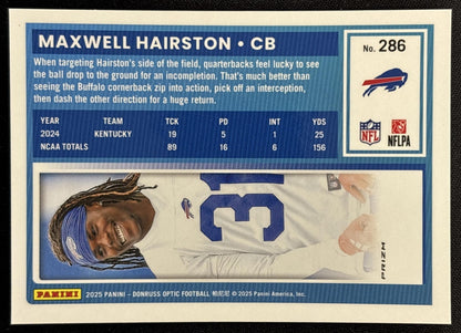 Maxwell Hairston 2025 Panini Donruss Optic Rated Rookie Blue Hyper Prizm Bills Sports Trading Card