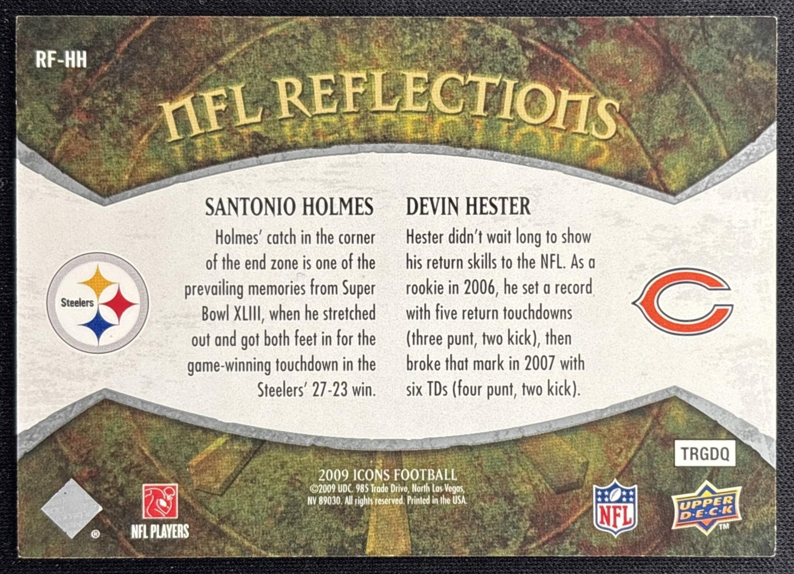 Devin Hester Santonio Holmes 2009 Upper Deck Icons NFL Reflections Silver /450 back