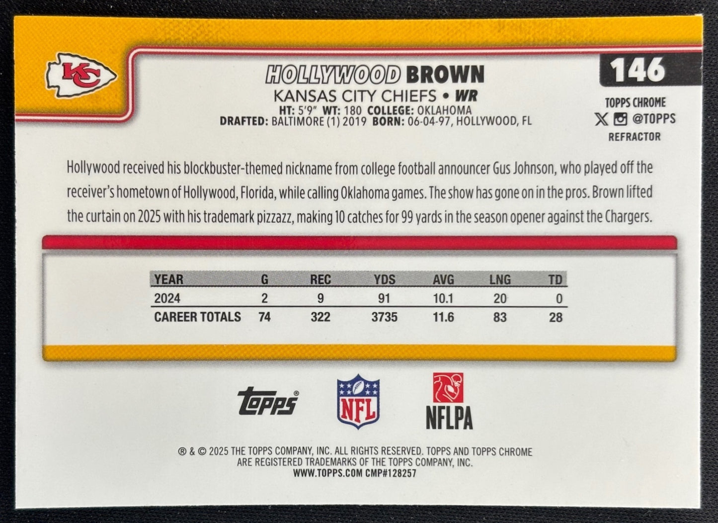 Hollywood Brown 2025 Topps Chrome Refractor Chiefs Sports Trading Cards
