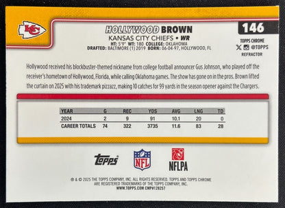 Hollywood Brown 2025 Topps Chrome Refractor Chiefs Sports Trading Cards