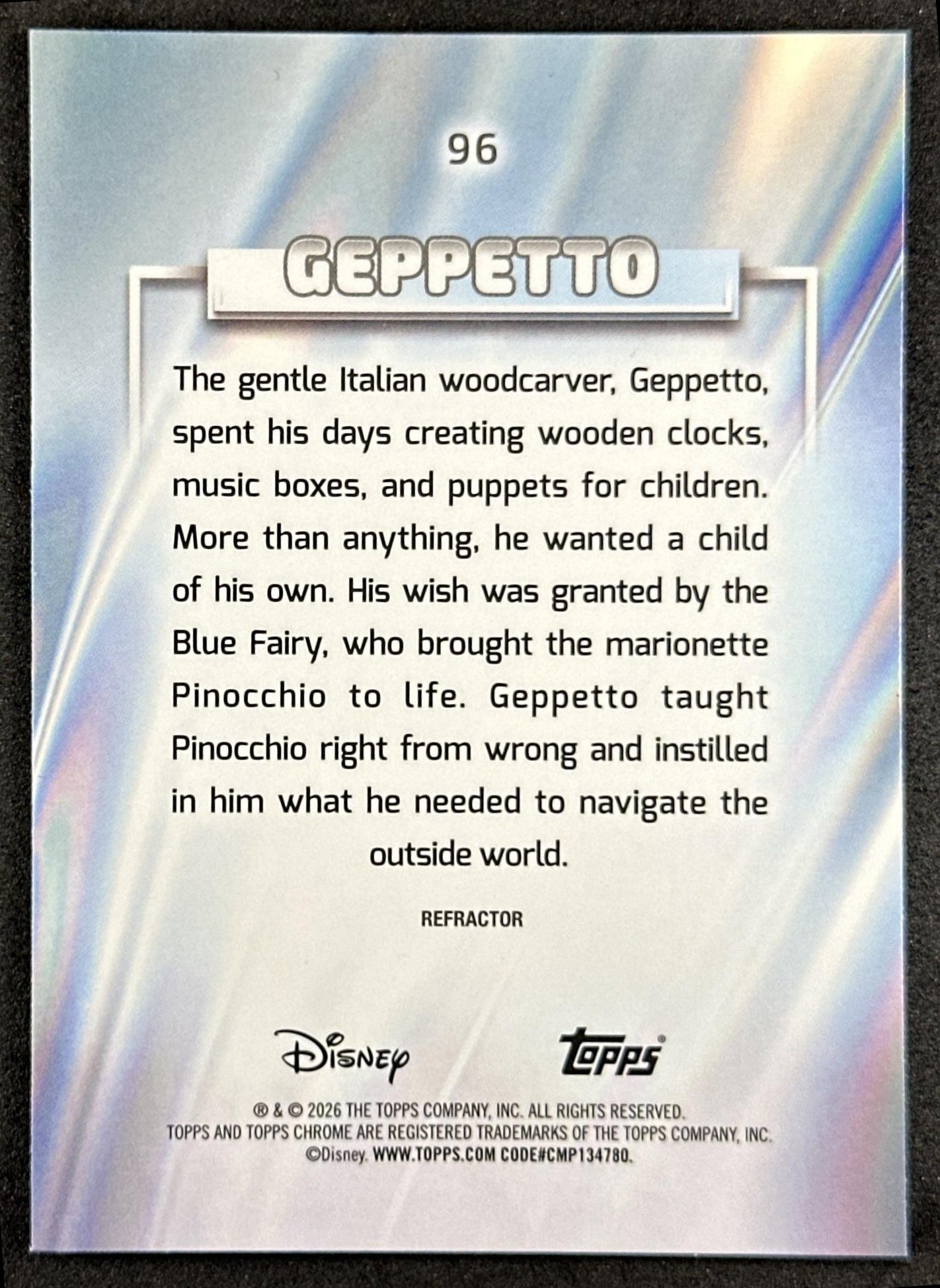 Geppetto 2026 Topps Chrome Disney Refractor Pinocchio 2022 Back