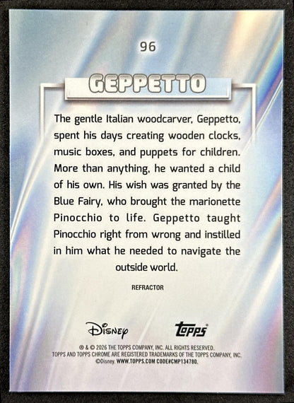 Geppetto 2026 Topps Chrome Disney Refractor Pinocchio 2022 Back