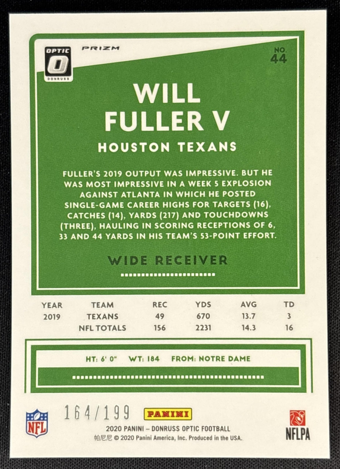 Will Fuller V 2020 Panini Donruss Optic Wave Prizm /199 Texans