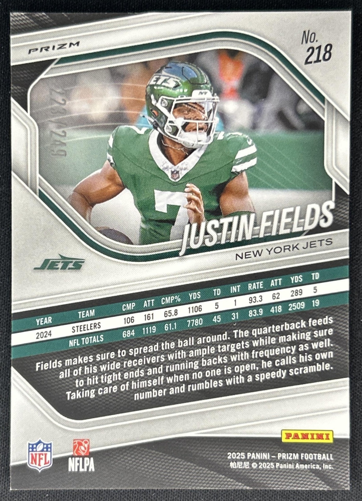 Justin Fields 2025 Panini Prizm Orange /249 Jets