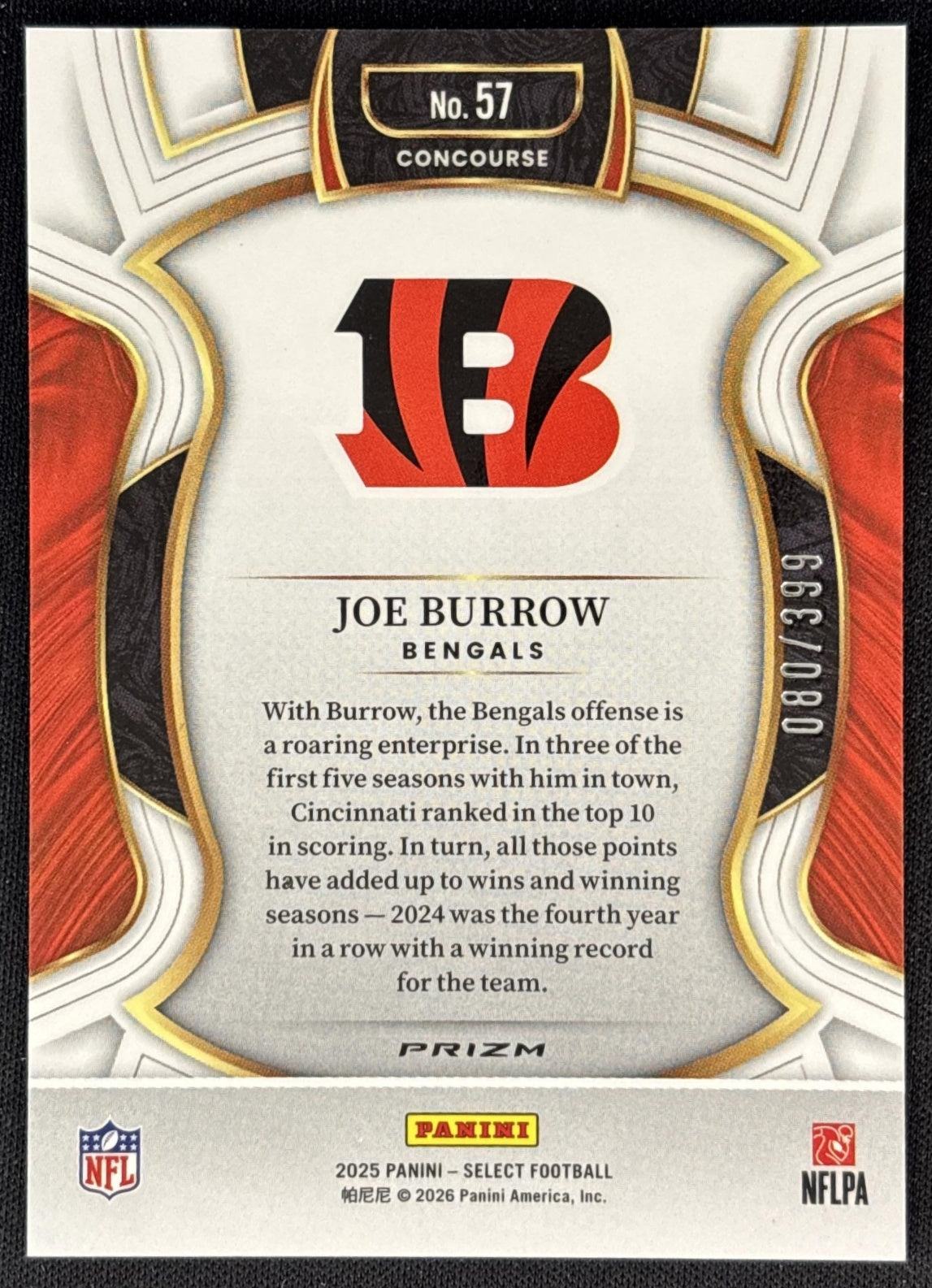 Joe Burrow 2025 Panini Select Concourse Tri-Color Prizm /399 Bengals back