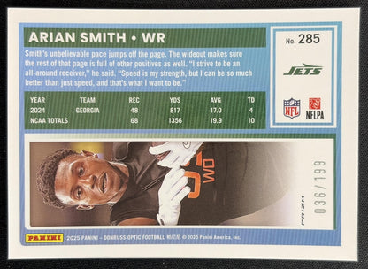 Arian Smith 2025 Panini Donruss Optic Rated Rookie Flex Prizm /199 Jets Sports Trading Cards