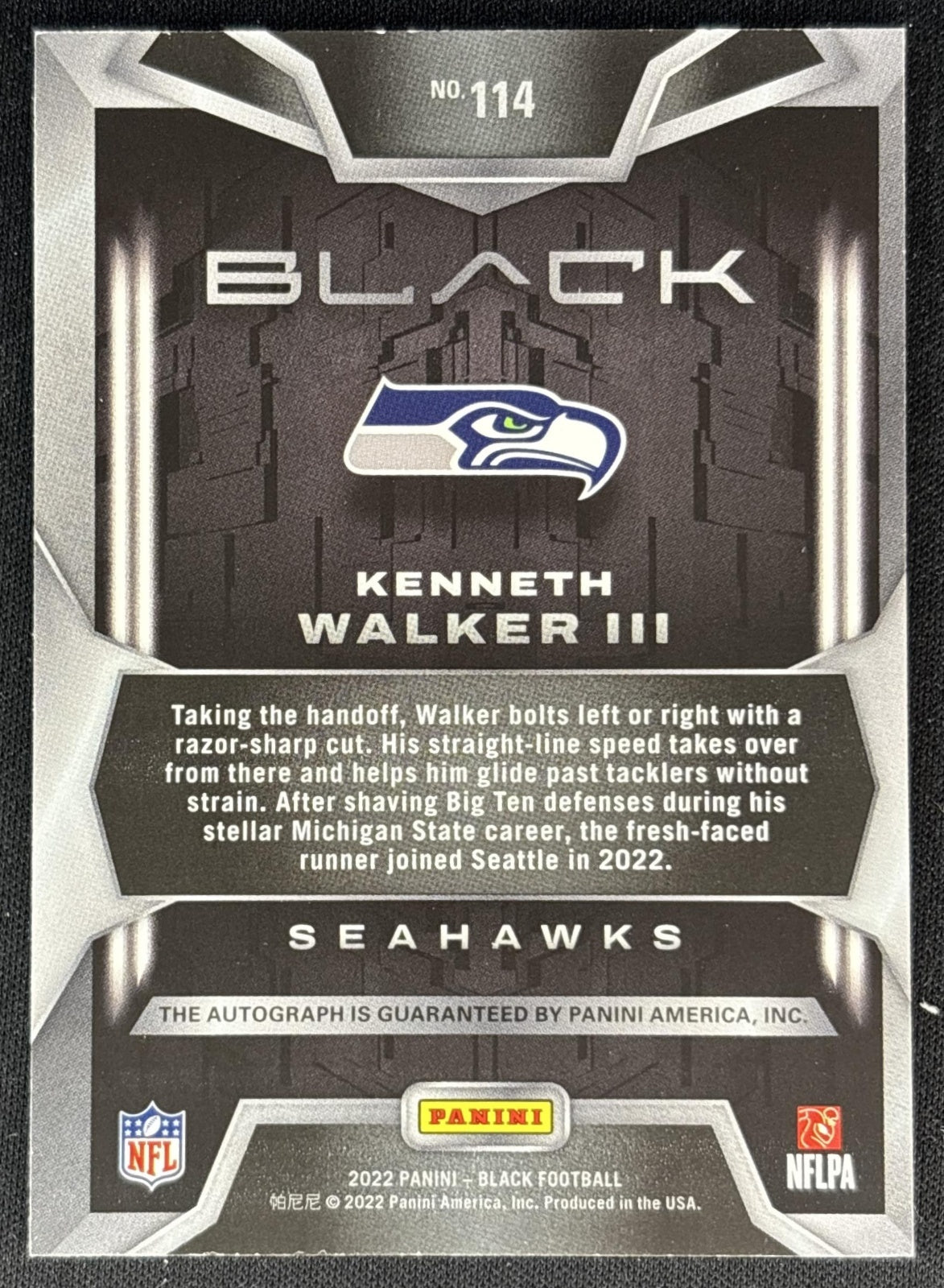 Kenneth Walker III 2022 Panini Black Rookies Auto /149 Seahawks back