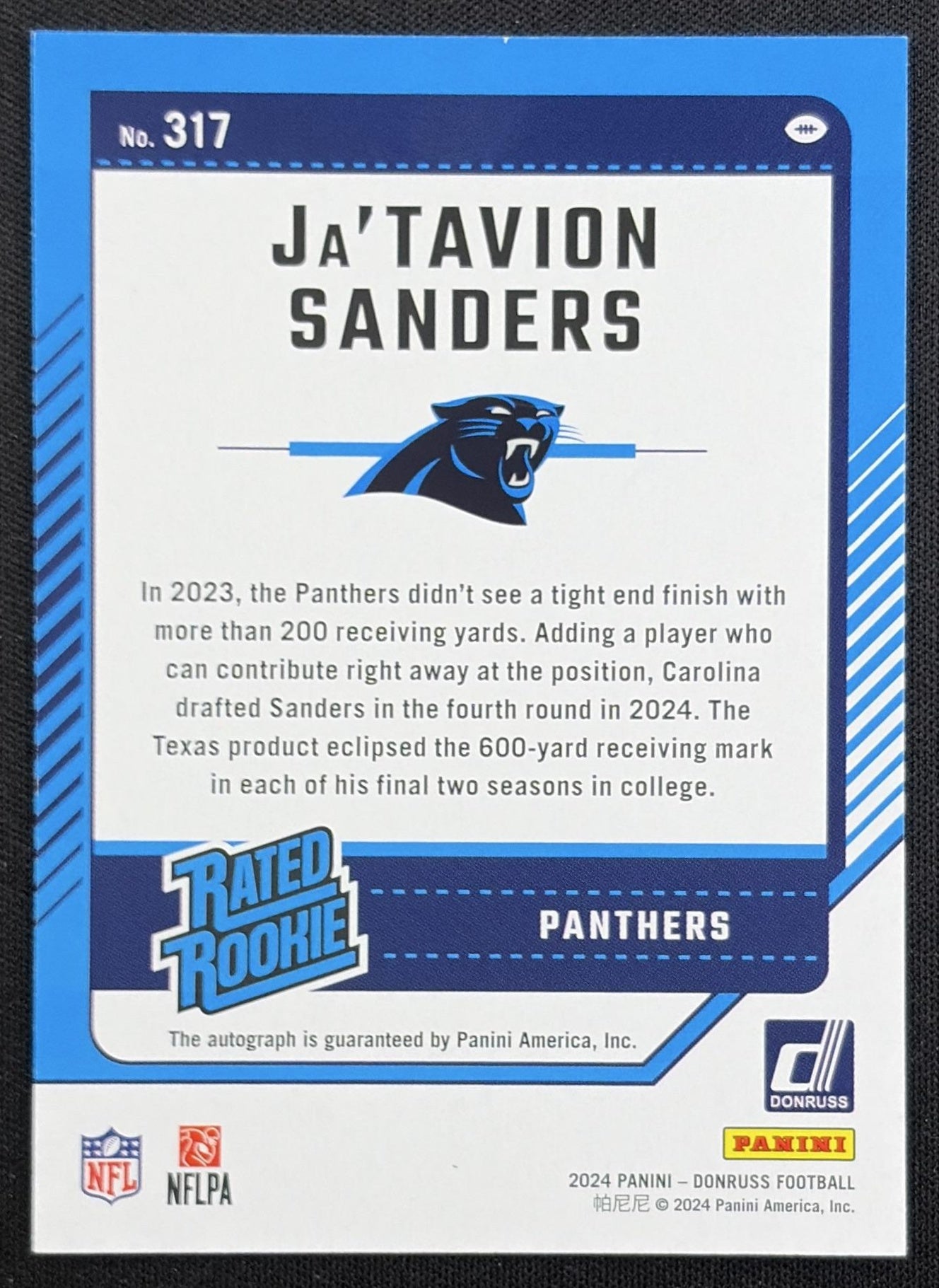 Ja'Tavion Sanders 2024 Panini Donruss Rated Rookie Auto Green Panthers back